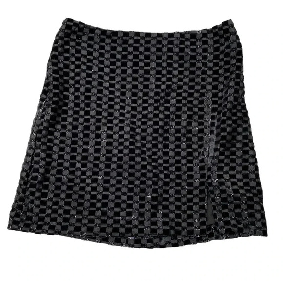 House of Harlow Metallic Velvet Mini Skirt Black Silver Side Slit XS - Picture 1 of 10